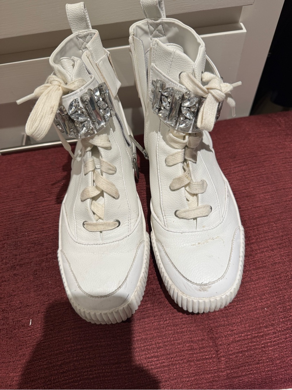 Karl Lagerfeld White Lace-Up High-Top Boots with Jewel Strap
